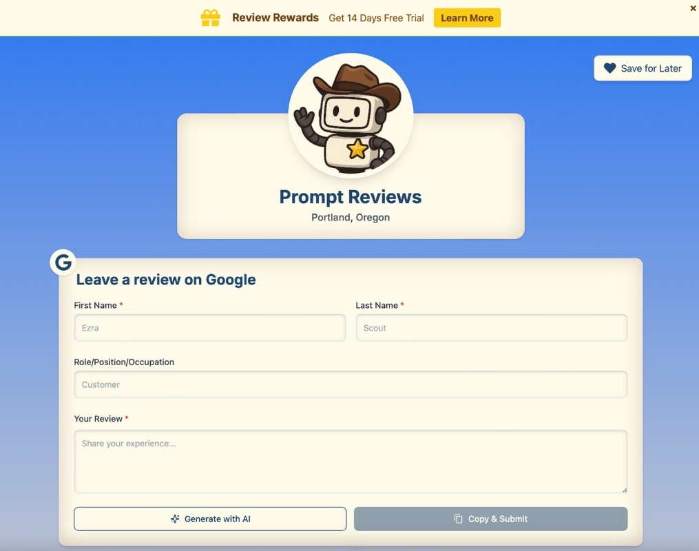 Example of a Prompt Page featuring Prompty the cowboy robot as the logo at top of page