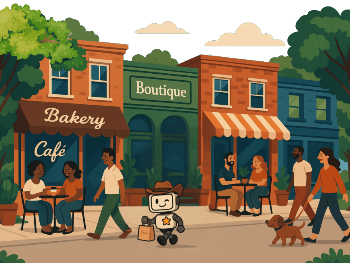 Prompty the robot shopping in a village for 5 star reviews