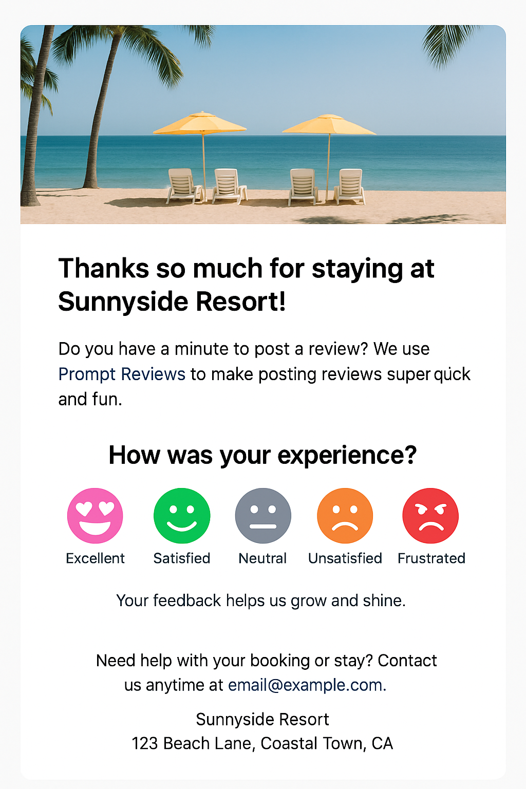 Email newsletter with emoji sentiment embed to help businesses get more reviews.