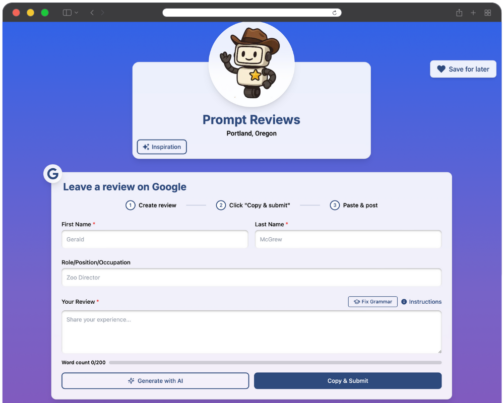 example of a Prompt Page, a review capture page