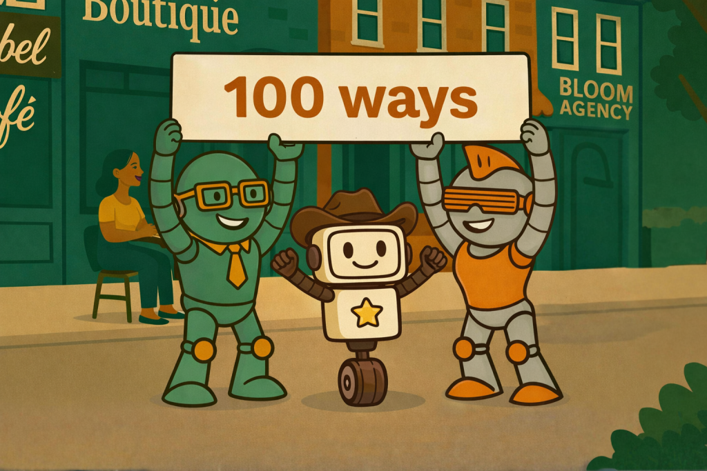 Prompty and robot friends holding sign that says "100 ways to grow with reviews"