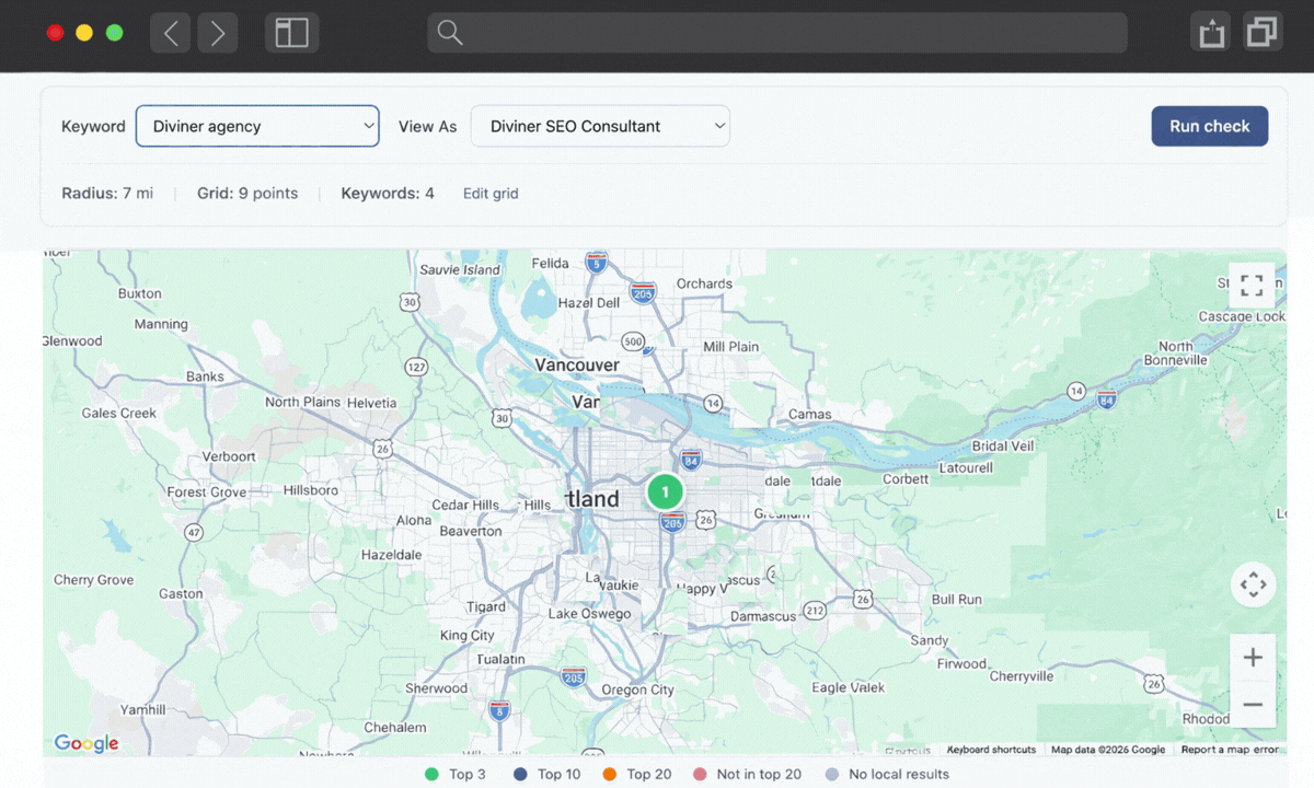 Local Grid Tracking 1 Green dots on map, Local grid ranking feature, Google maps